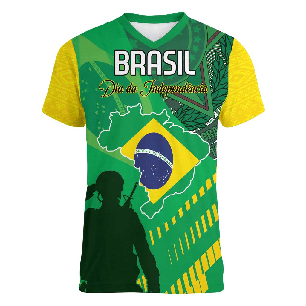 Custom Brazil Happy Independence Day Women V-Neck T-Shirt Cristo Redentor Flag Style - Wonder Print Shop