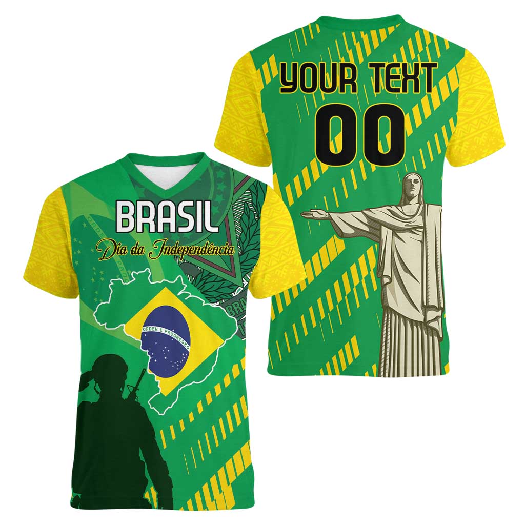 Custom Brazil Happy Independence Day Women V-Neck T-Shirt Cristo Redentor Flag Style - Wonder Print Shop