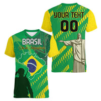Custom Brazil Happy Independence Day Women V-Neck T-Shirt Cristo Redentor Flag Style - Wonder Print Shop