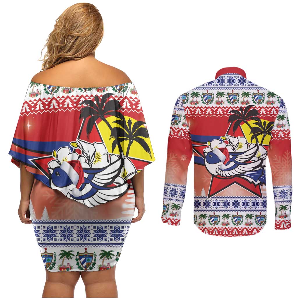 Cuba Cuban Trogon Christmas Couples Matching Off Shoulder Short Dress and Long Sleeve Button Shirt Patria o Muerte Venceremos - Wonder Print Shop