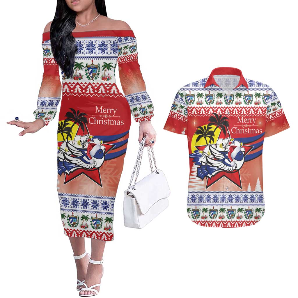 Cuba Cuban Trogon Christmas Couples Matching Off The Shoulder Long Sleeve Dress and Hawaiian Shirt Patria o Muerte Venceremos - Wonder Print Shop