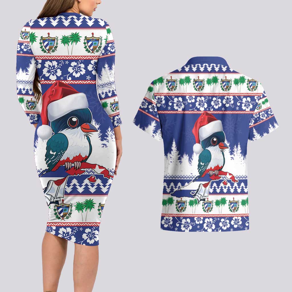 Cuba Christmas Couples Matching Long Sleeve Bodycon Dress and Hawaiian Shirt Cuban Trogon Map With Feliz Navidad - Wonder Print Shop