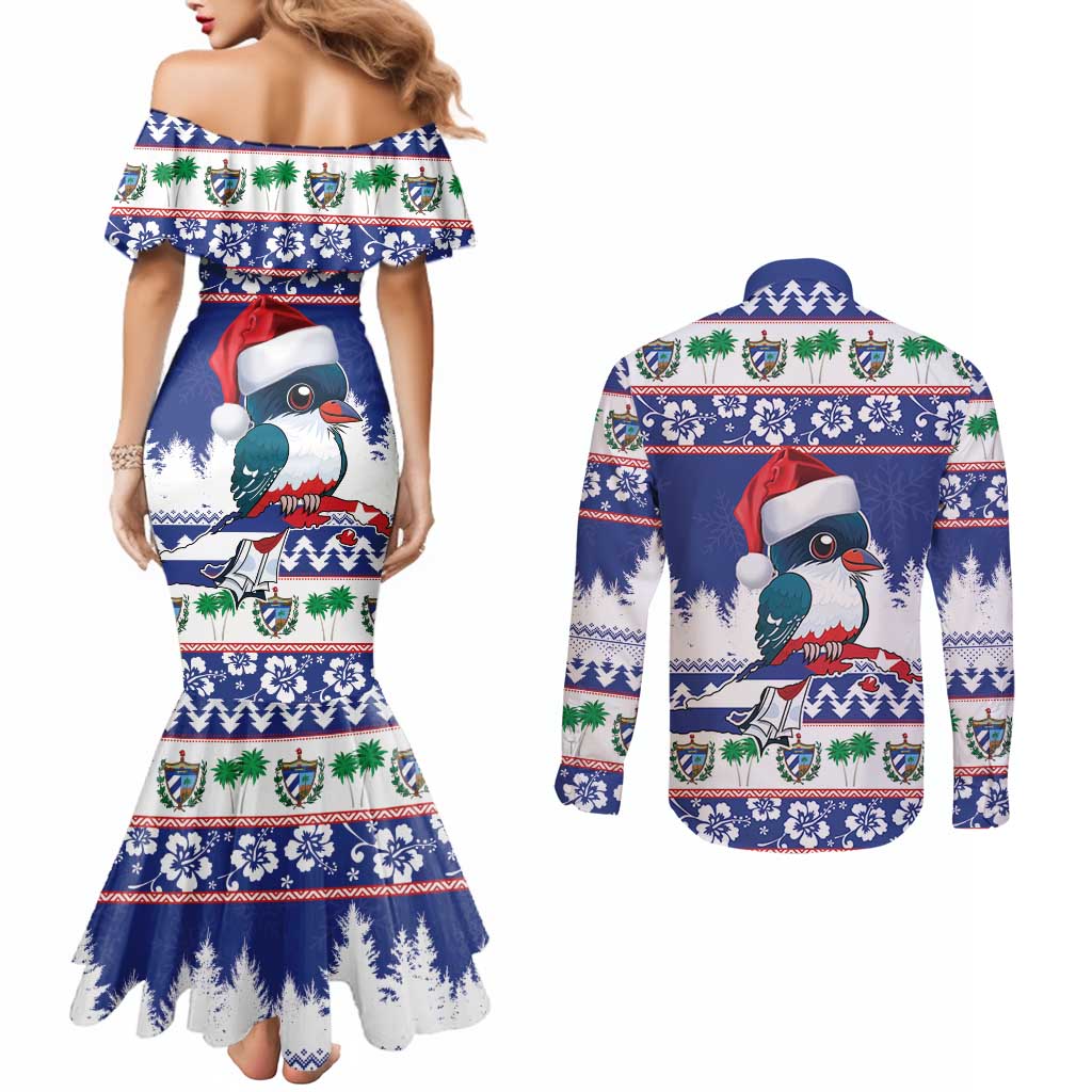 Cuba Christmas Couples Matching Mermaid Dress and Long Sleeve Button Shirt Cuban Trogon Map With Feliz Navidad