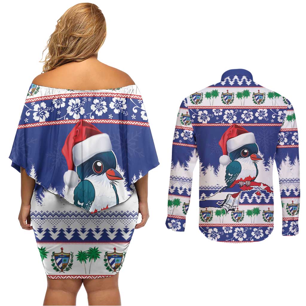Cuba Christmas Couples Matching Off Shoulder Short Dress and Long Sleeve Button Shirt Cuban Trogon Map With Feliz Navidad - Wonder Print Shop