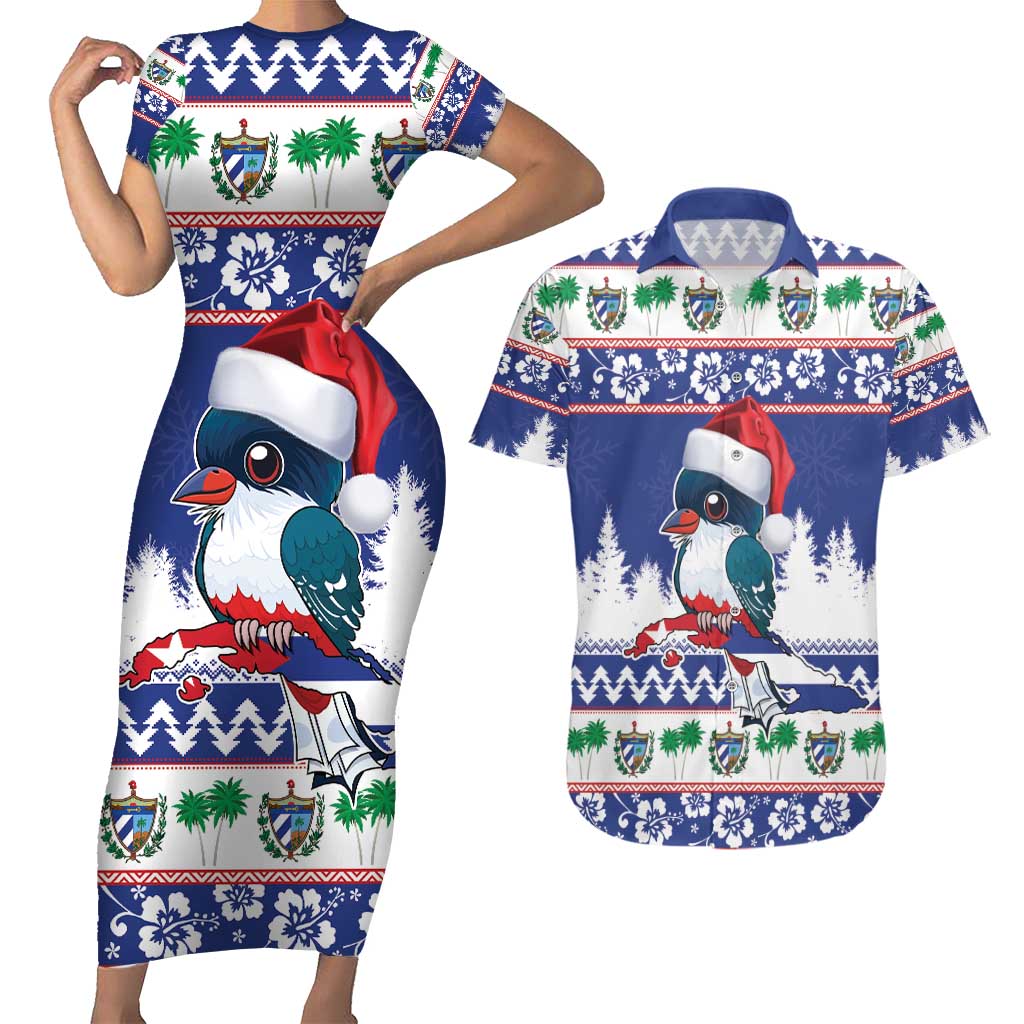 Cuba Christmas Couples Matching Short Sleeve Bodycon Dress and Hawaiian Shirt Cuban Trogon Map With Feliz Navidad - Wonder Print Shop