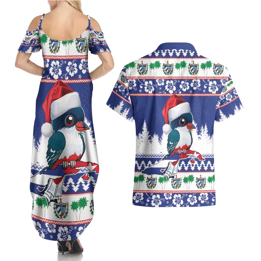 Cuba Christmas Couples Matching Summer Maxi Dress and Hawaiian Shirt Cuban Trogon Map With Feliz Navidad - Wonder Print Shop