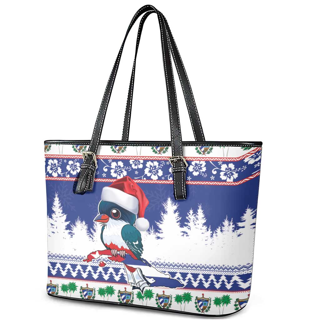 Cuba Christmas Leather Tote Bag Cuban Trogon Map With Feliz Navidad - Wonder Print Shop