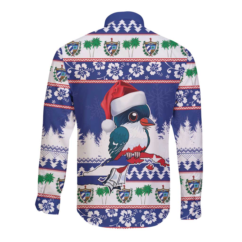 Cuba Christmas Long Sleeve Button Shirt Cuban Trogon Map With Feliz Navidad - Wonder Print Shop