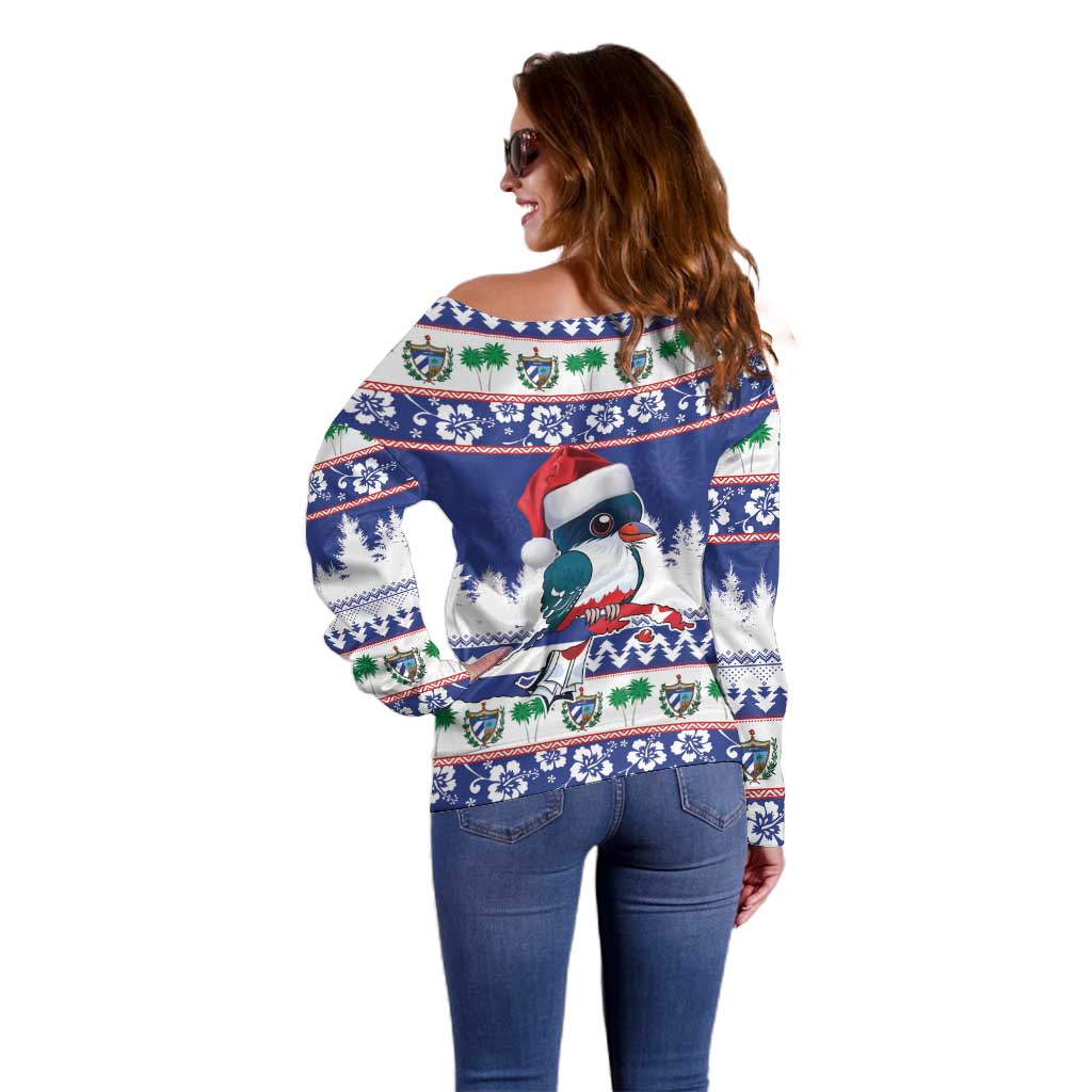 Cuba Christmas Off Shoulder Sweater Cuban Trogon Map With Feliz Navidad - Wonder Print Shop