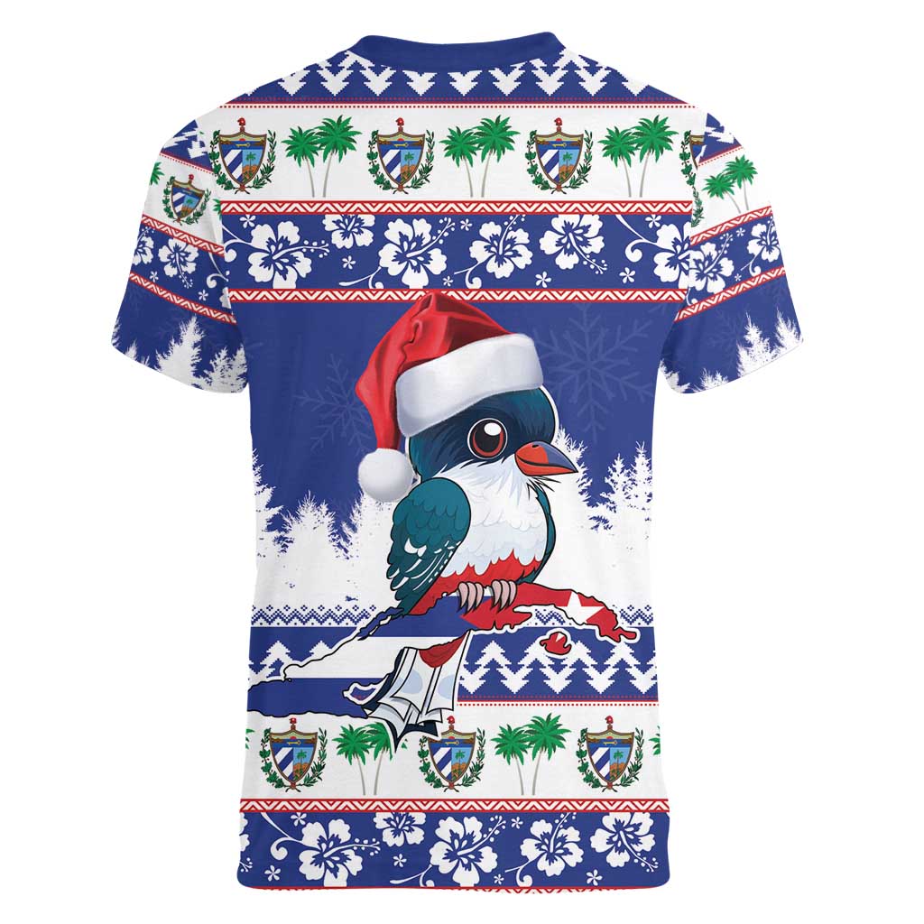 Cuba Christmas Women V-Neck T-Shirt Cuban Trogon Map With Feliz Navidad - Wonder Print Shop