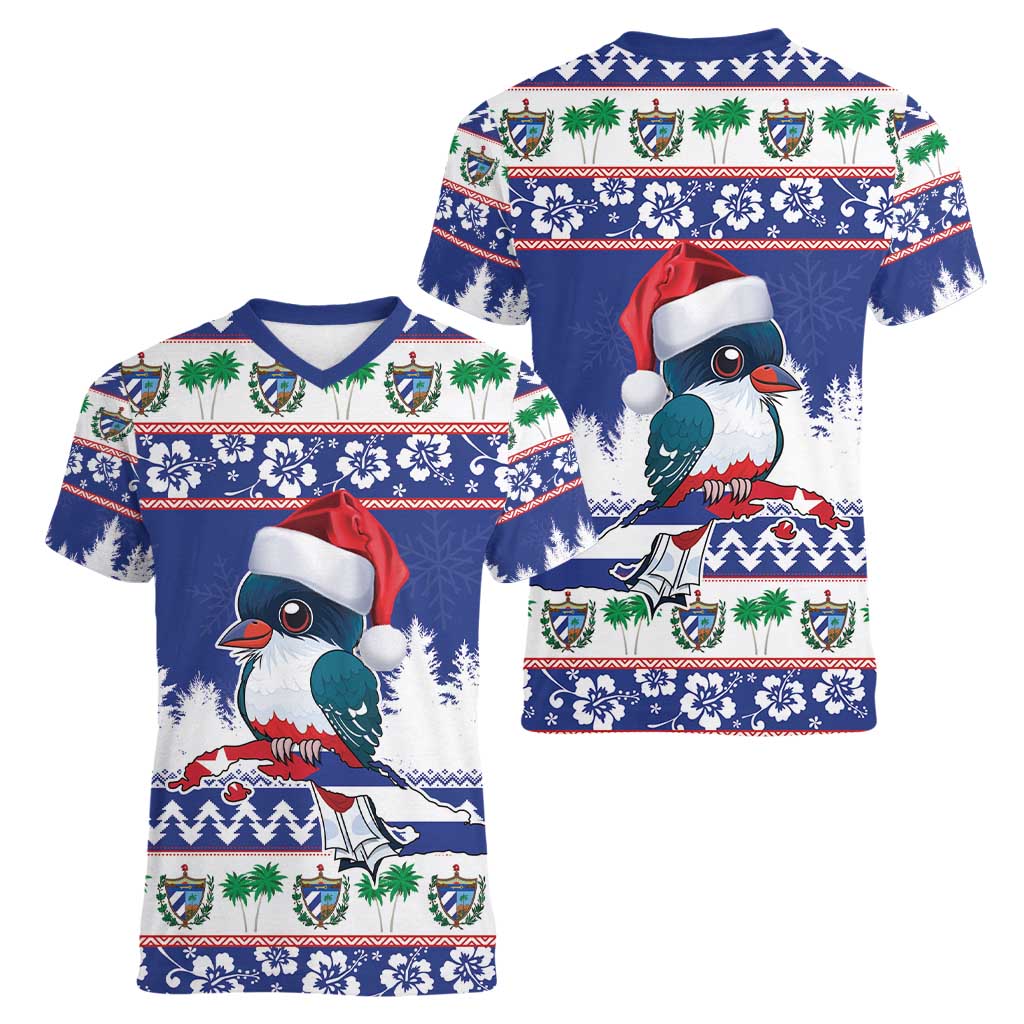 Cuba Christmas Women V-Neck T-Shirt Cuban Trogon Map With Feliz Navidad - Wonder Print Shop