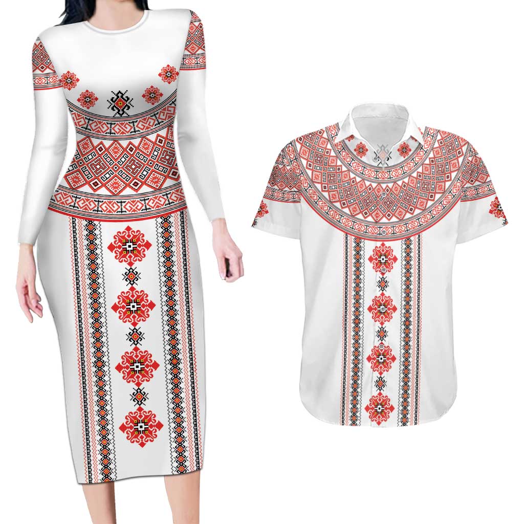 Bulgarian Embroidery Style Seamless Pattern Couples Matching Long Sleeve Bodycon Dress and Hawaiian Shirt
