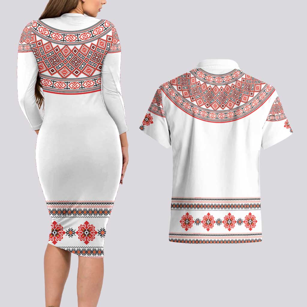 Bulgarian Embroidery Style Seamless Pattern Couples Matching Long Sleeve Bodycon Dress and Hawaiian Shirt