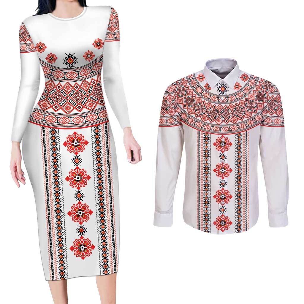 Bulgarian Embroidery Style Seamless Pattern Couples Matching Long Sleeve Bodycon Dress and Long Sleeve Button Shirt