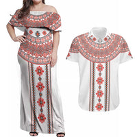 Bulgarian Embroidery Style Seamless Pattern Couples Matching Off Shoulder Maxi Dress and Hawaiian Shirt