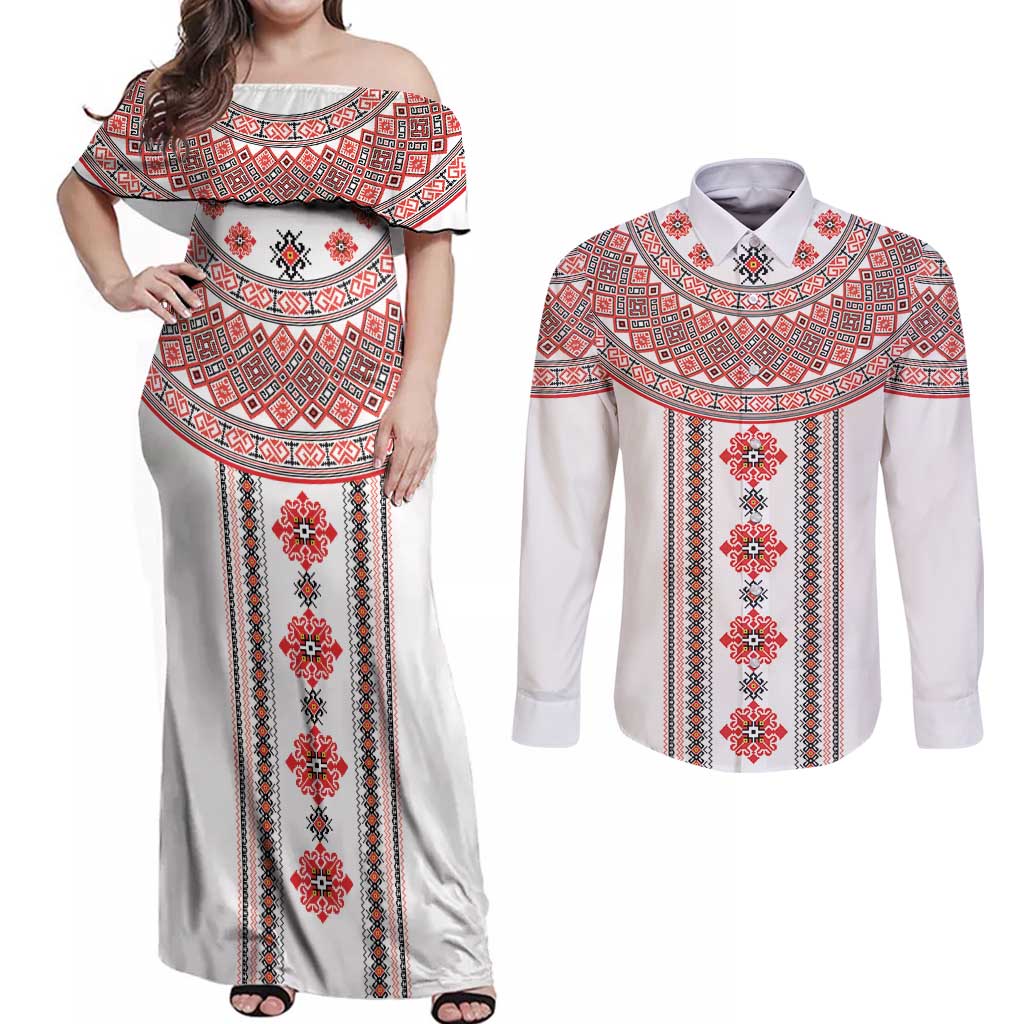 Bulgarian Embroidery Style Seamless Pattern Couples Matching Off Shoulder Maxi Dress and Long Sleeve Button Shirt