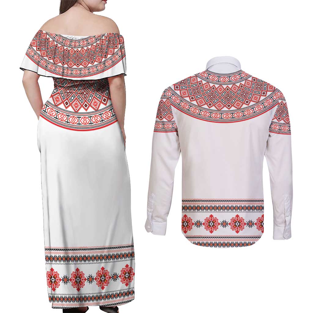 Bulgarian Embroidery Style Seamless Pattern Couples Matching Off Shoulder Maxi Dress and Long Sleeve Button Shirt