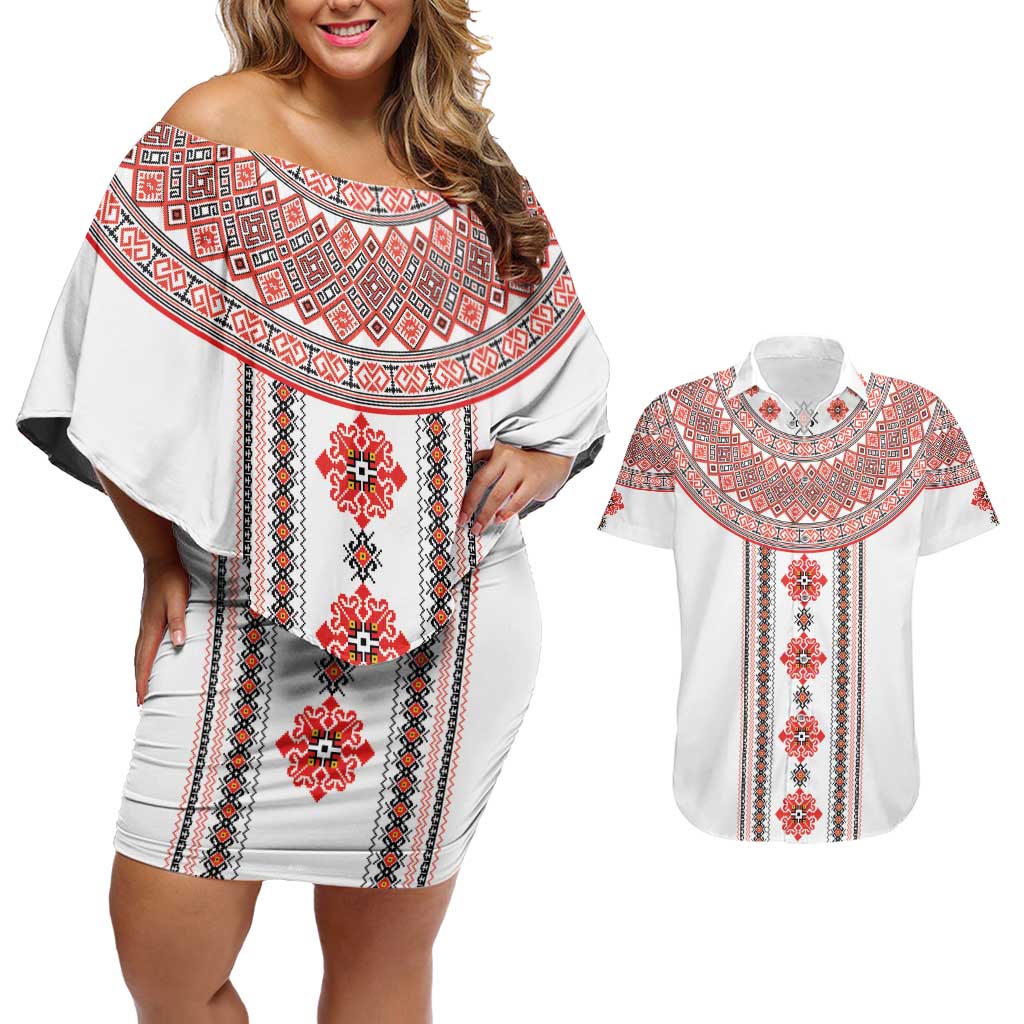 Bulgarian Embroidery Style Seamless Pattern Couples Matching Off Shoulder Short Dress and Hawaiian Shirt