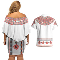 Bulgarian Embroidery Style Seamless Pattern Couples Matching Off Shoulder Short Dress and Hawaiian Shirt
