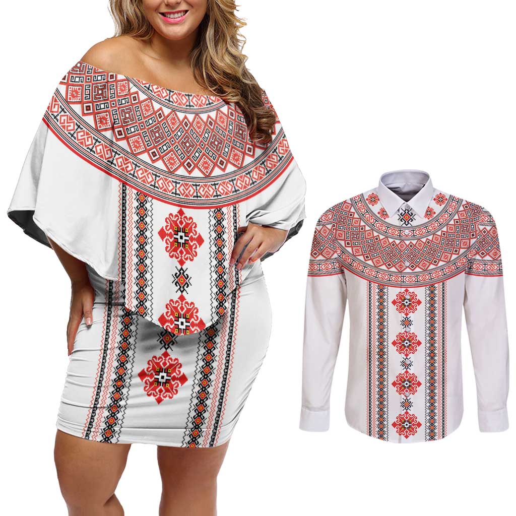 Bulgarian Embroidery Style Seamless Pattern Couples Matching Off Shoulder Short Dress and Long Sleeve Button Shirt