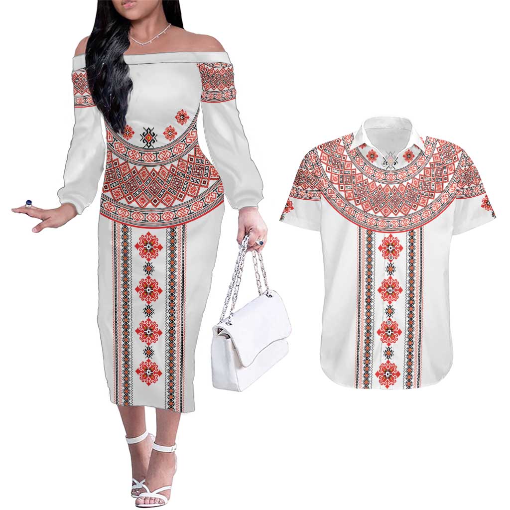 Bulgarian Embroidery Style Seamless Pattern Couples Matching Off The Shoulder Long Sleeve Dress and Hawaiian Shirt