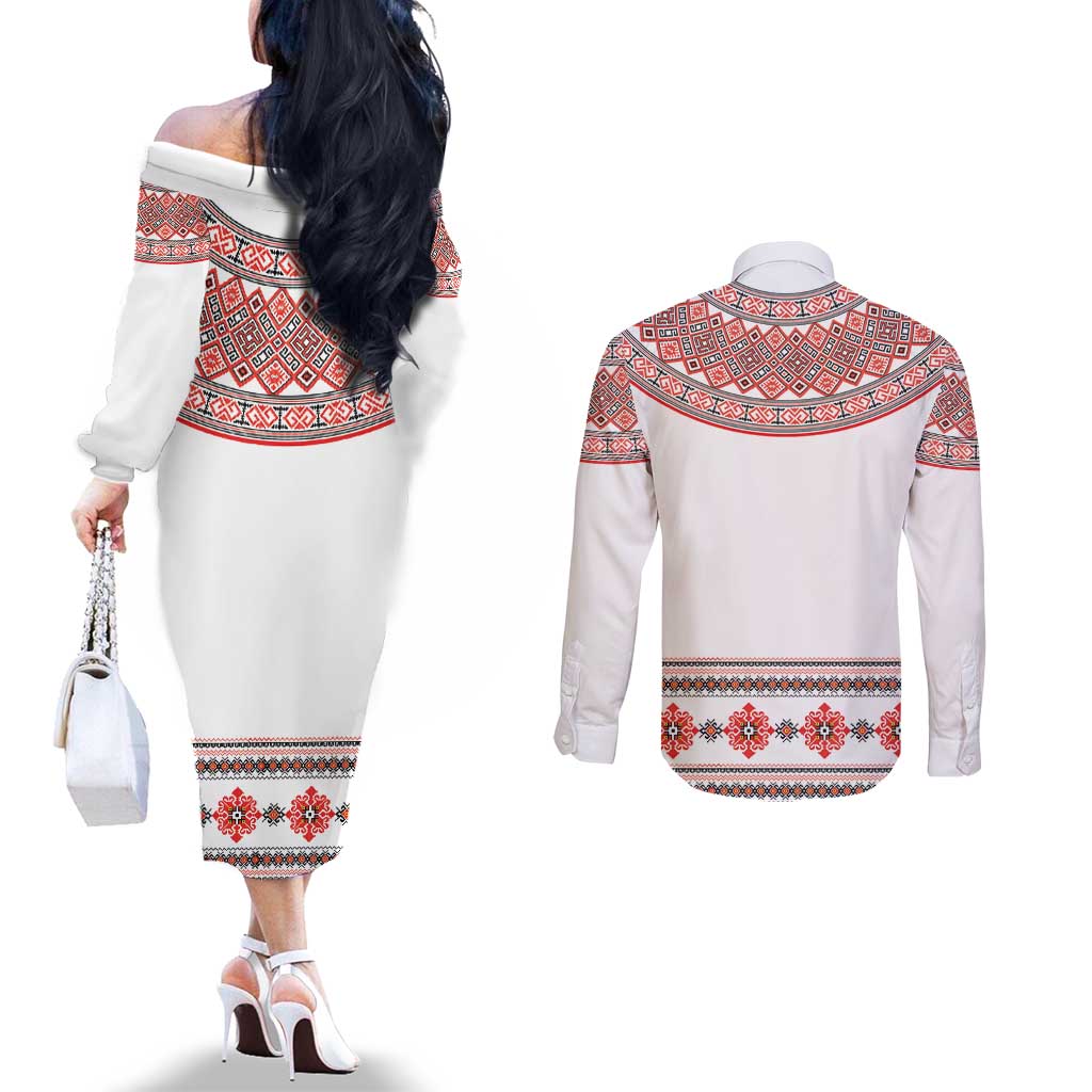 Bulgarian Embroidery Style Seamless Pattern Couples Matching Off The Shoulder Long Sleeve Dress and Long Sleeve Button Shirt