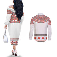 Bulgarian Embroidery Style Seamless Pattern Couples Matching Off The Shoulder Long Sleeve Dress and Long Sleeve Button Shirt