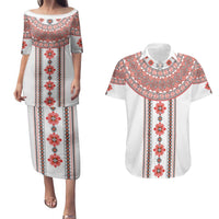 Bulgarian Embroidery Style Seamless Pattern Couples Matching Puletasi and Hawaiian Shirt