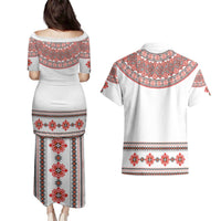 Bulgarian Embroidery Style Seamless Pattern Couples Matching Puletasi and Hawaiian Shirt