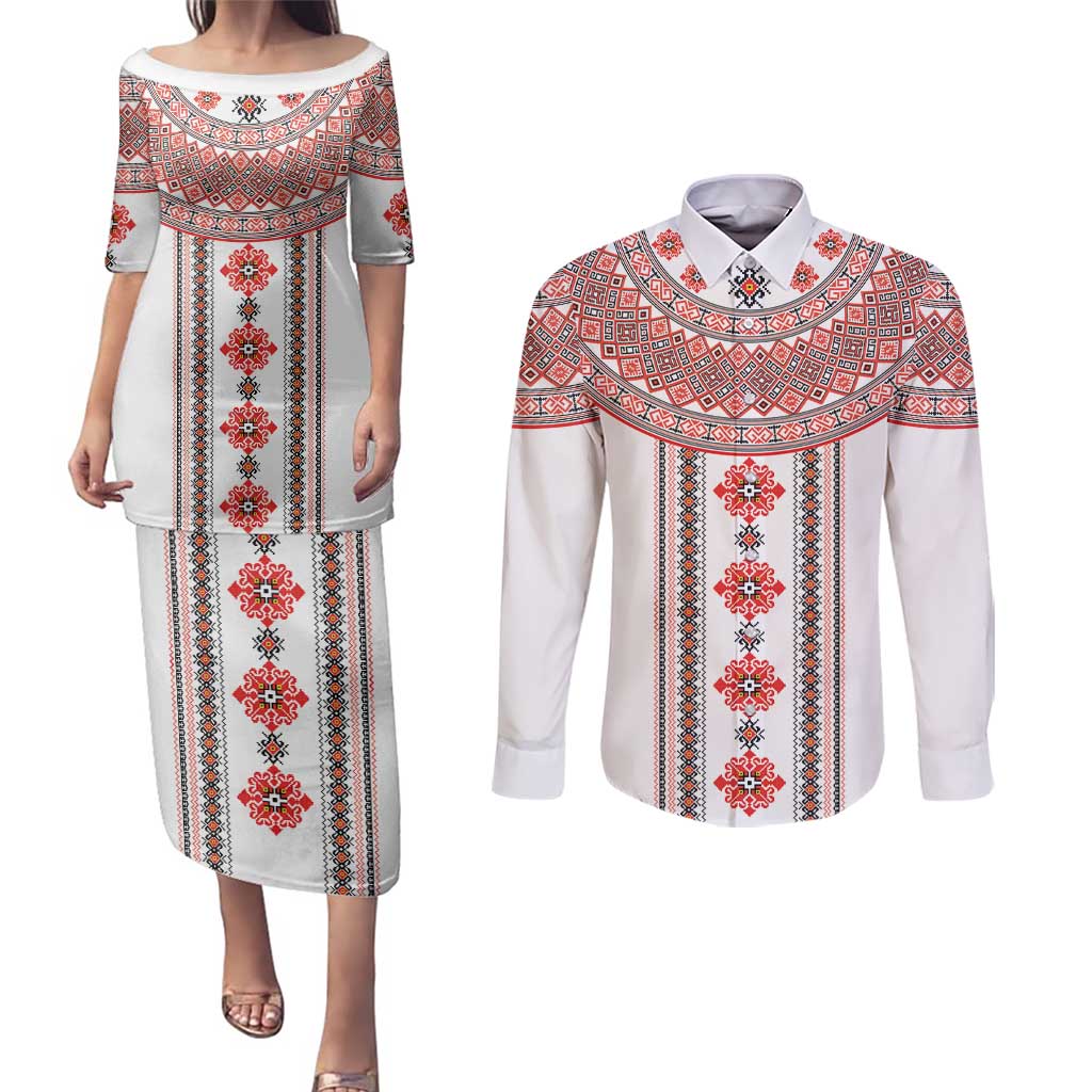 Bulgarian Embroidery Style Seamless Pattern Couples Matching Puletasi and Long Sleeve Button Shirt