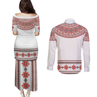 Bulgarian Embroidery Style Seamless Pattern Couples Matching Puletasi and Long Sleeve Button Shirt