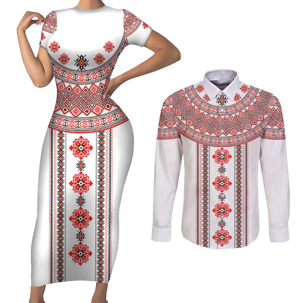 Bulgarian Embroidery Style Seamless Pattern Couples Matching Short Sleeve Bodycon Dress and Long Sleeve Button Shirt