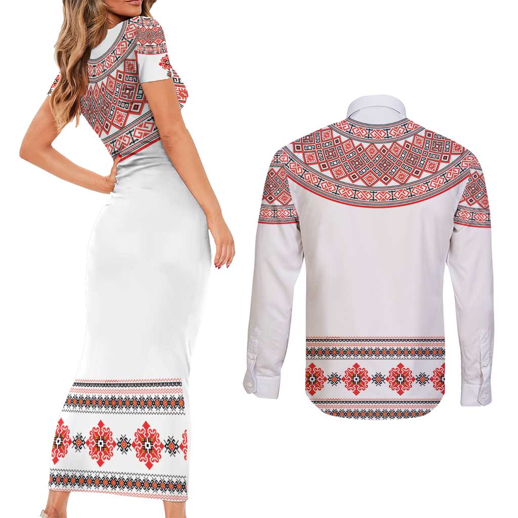 Bulgarian Embroidery Style Seamless Pattern Couples Matching Short Sleeve Bodycon Dress and Long Sleeve Button Shirt