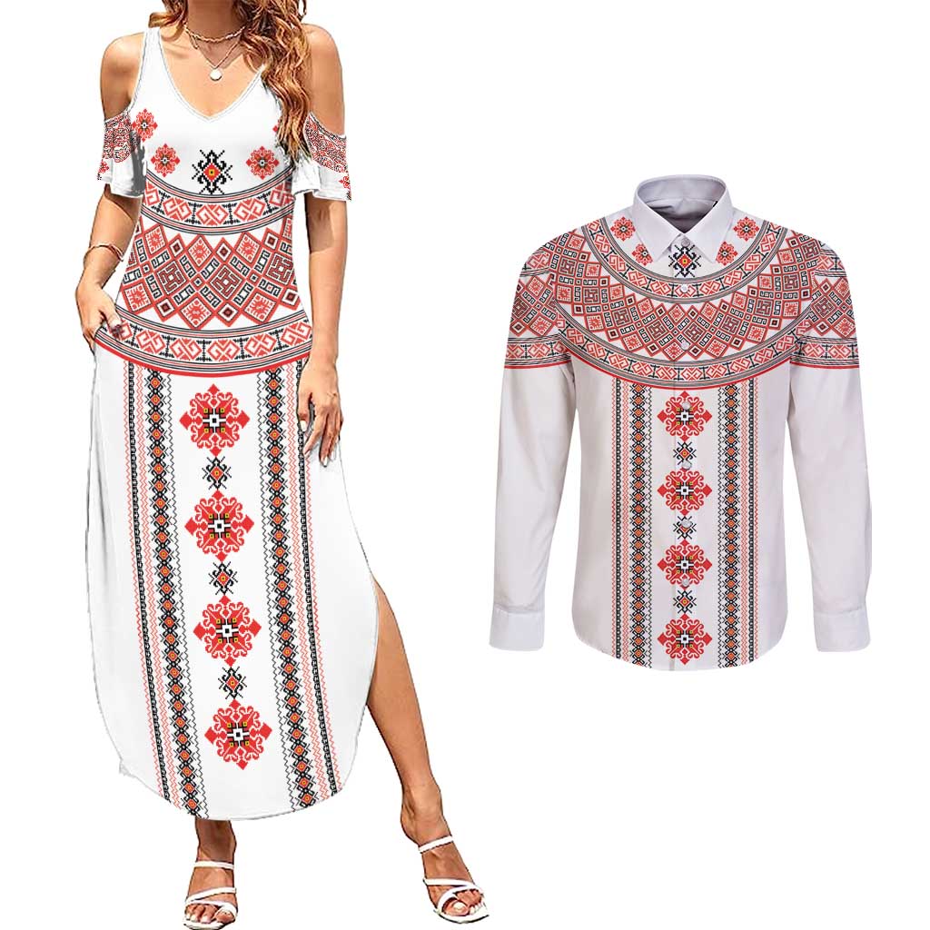 Bulgarian Embroidery Style Seamless Pattern Couples Matching Summer Maxi Dress and Long Sleeve Button Shirt