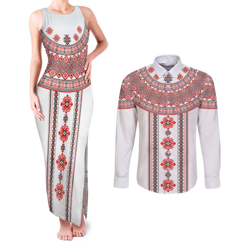Bulgarian Embroidery Style Seamless Pattern Couples Matching Tank Maxi Dress and Long Sleeve Button Shirt