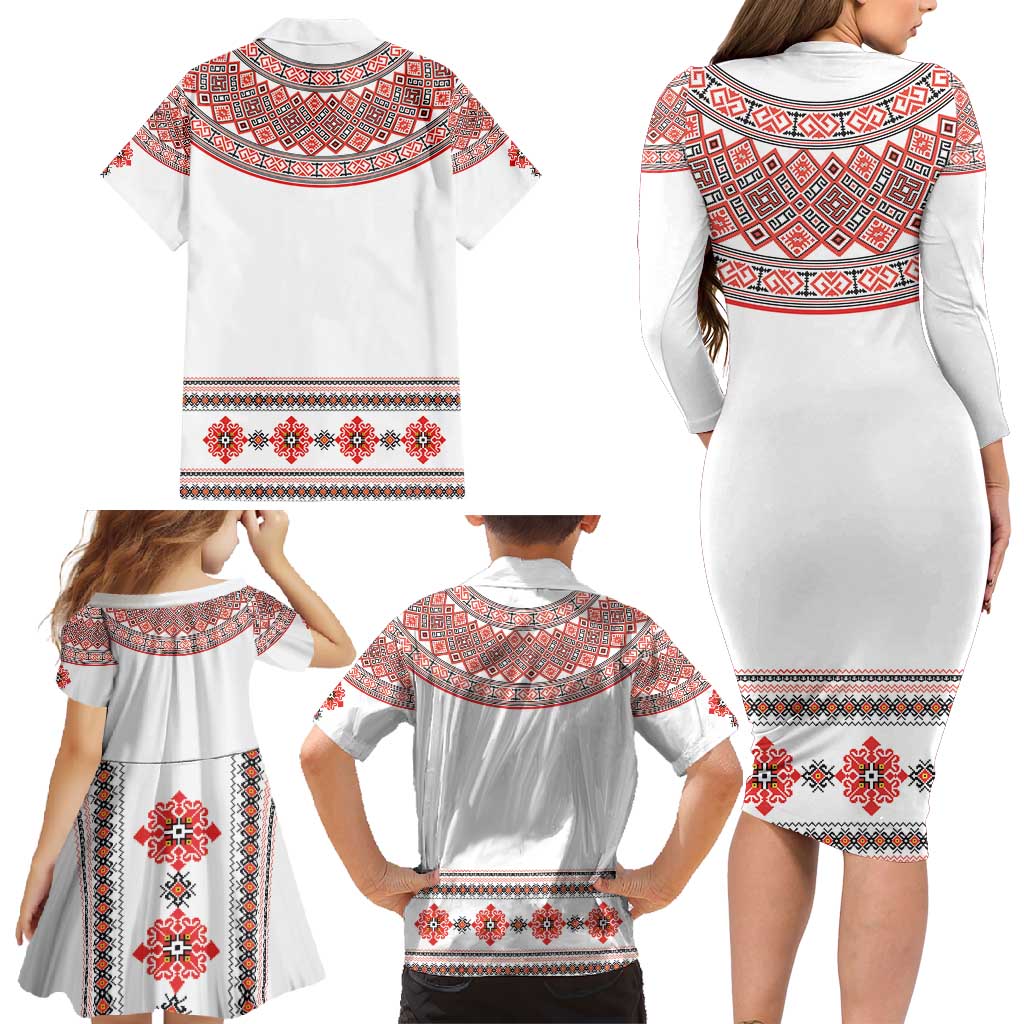 Bulgarian Embroidery Style Seamless Pattern Family Matching Long Sleeve Bodycon Dress and Hawaiian Shirt