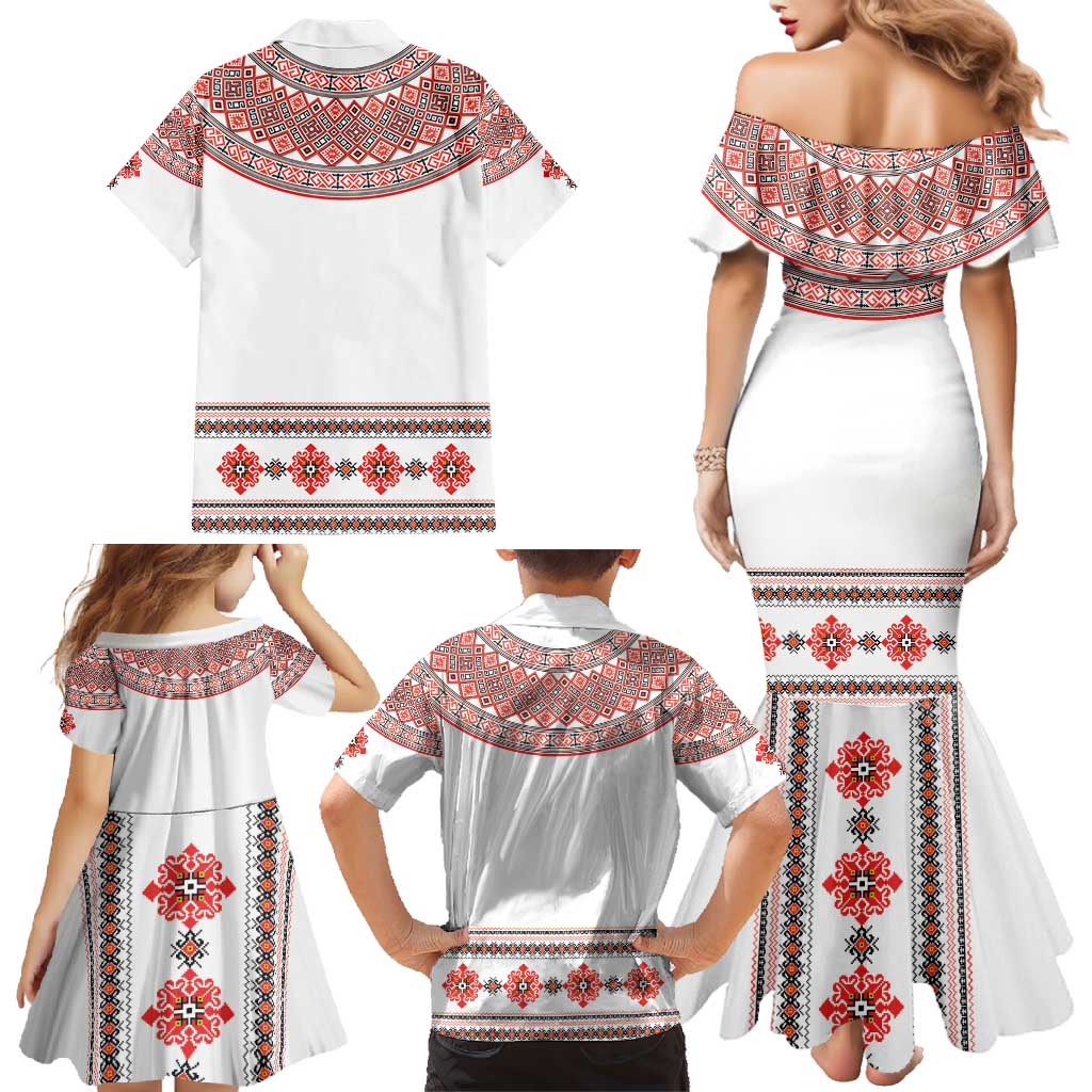 Bulgarian Embroidery Style Seamless Pattern Family Matching Mermaid Dress and Hawaiian Shirt