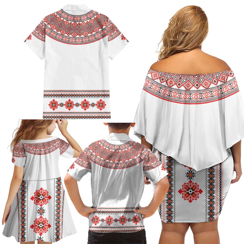 Bulgarian Embroidery Style Seamless Pattern Family Matching Off Shoulder Short Dress and Hawaiian Shirt