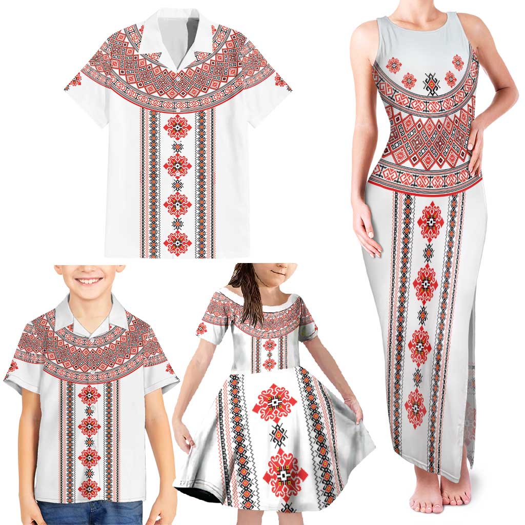Bulgarian Embroidery Style Seamless Pattern Family Matching Tank Maxi Dress and Hawaiian Shirt