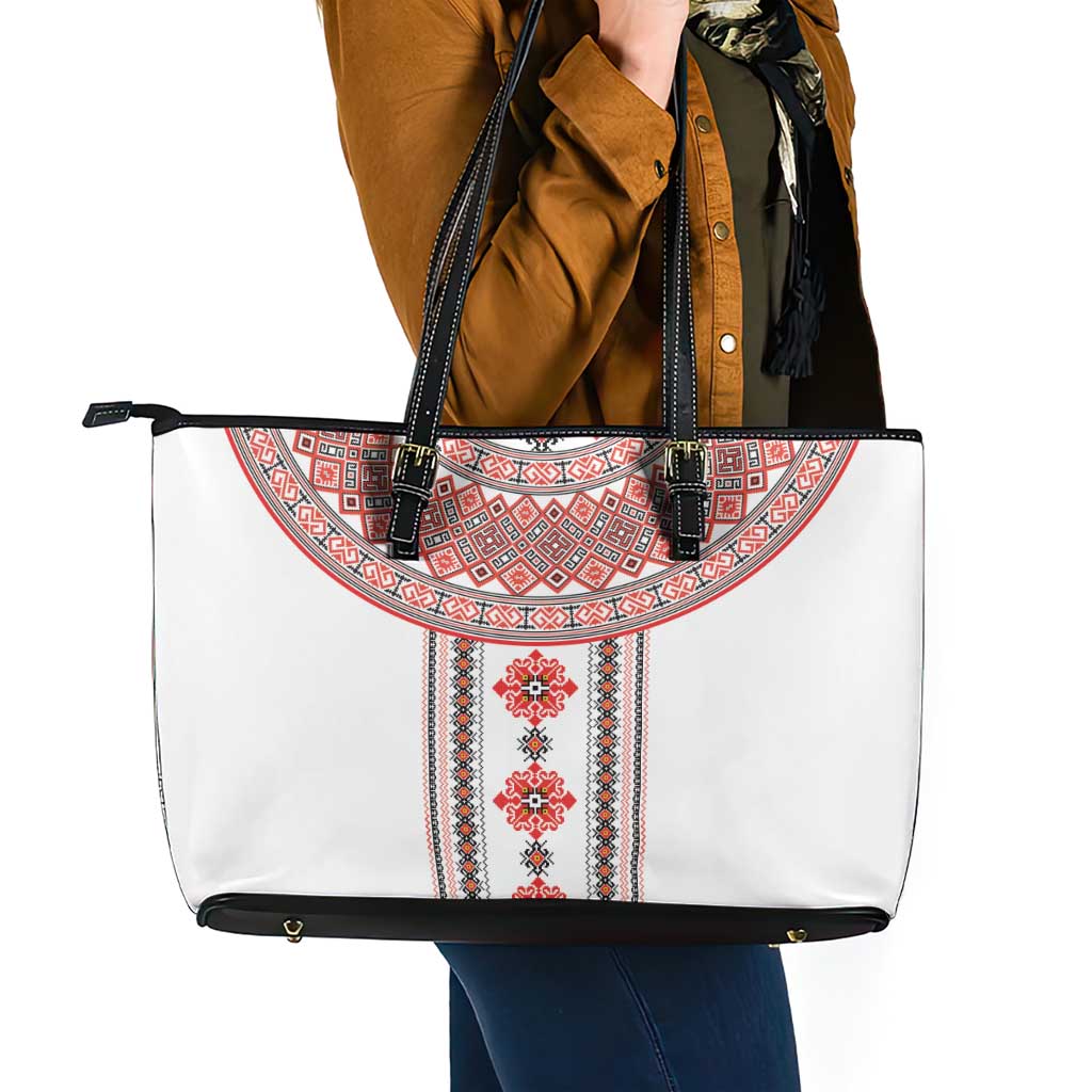 Bulgarian Embroidery Style Seamless Pattern Leather Tote Bag