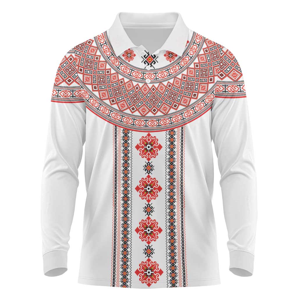 Bulgarian Embroidery Style Seamless Pattern Long Sleeve Polo Shirt