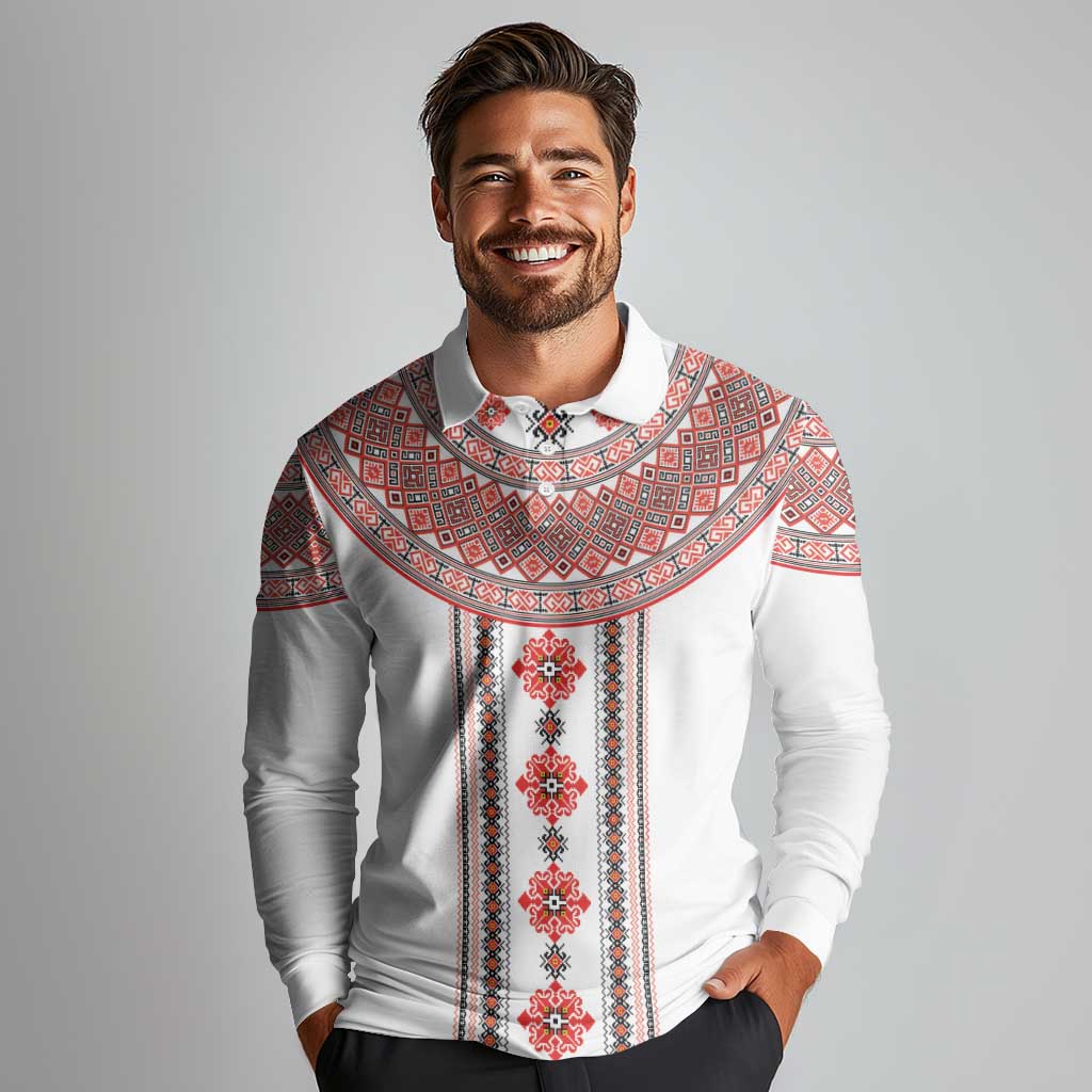Bulgarian Embroidery Style Seamless Pattern Long Sleeve Polo Shirt