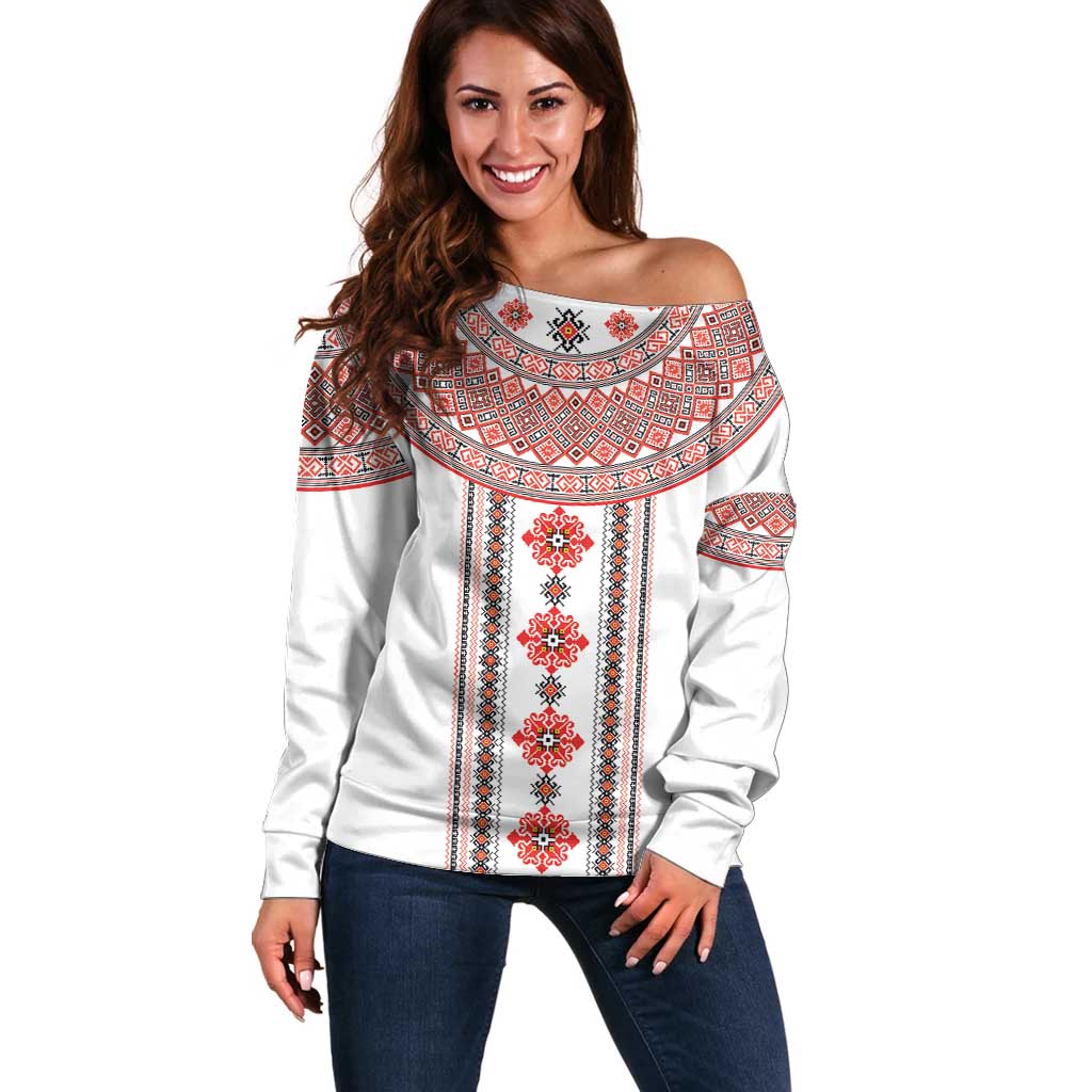 Bulgarian Embroidery Style Seamless Pattern Off Shoulder Sweater