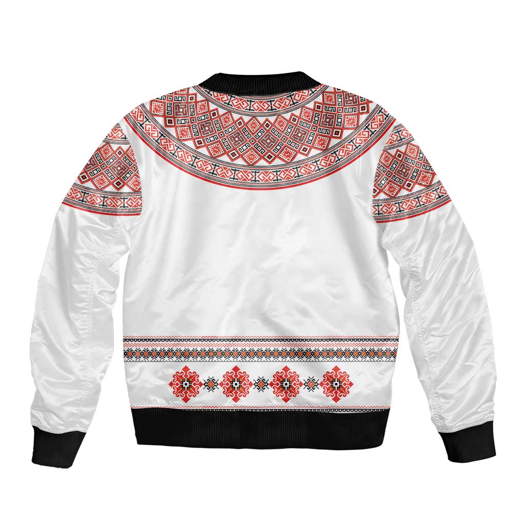 Bulgarian Embroidery Style Seamless Pattern Sleeve Zip Bomber Jacket
