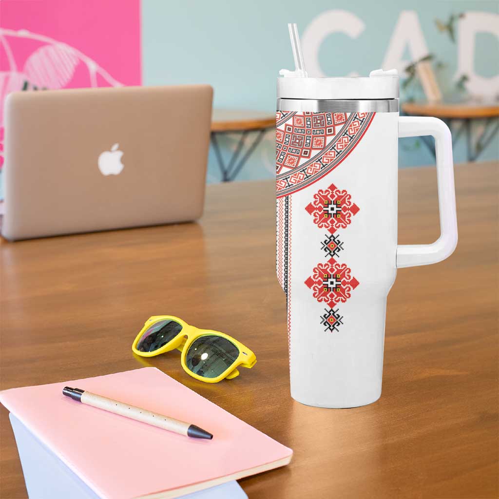 Bulgarian Embroidery Style Seamless Pattern Tumbler With Handle