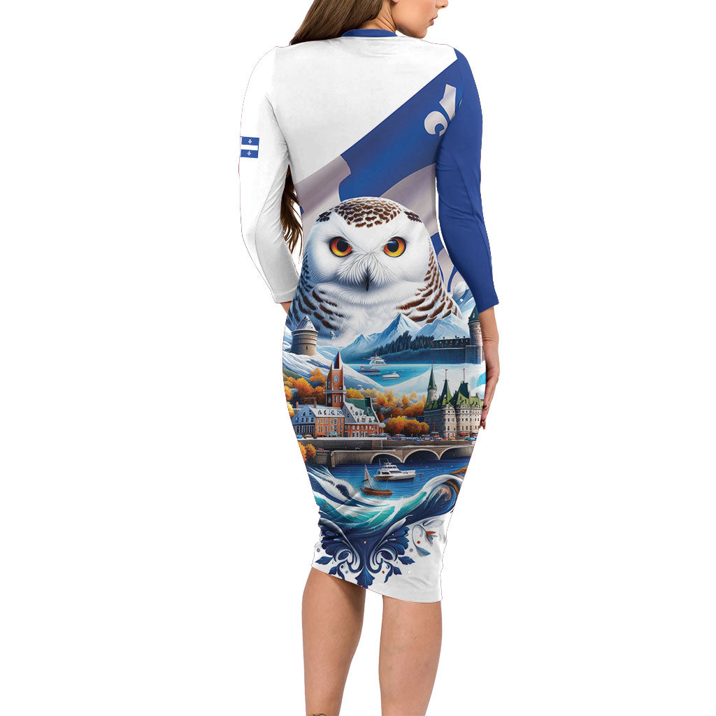 Quebec Snowy Owl Heritage Long Sleeve Bodycon Dress Flag Day Edition