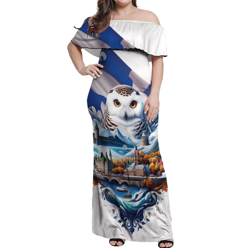 Quebec Snowy Owl Heritage Off Shoulder Maxi Dress Flag Day Edition