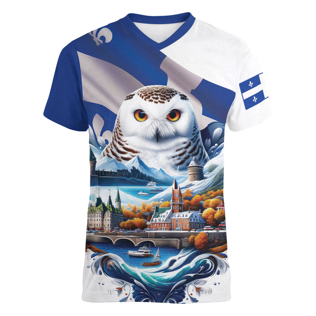 Quebec Snowy Owl Heritage Women V-Neck T-Shirt Flag Day Edition