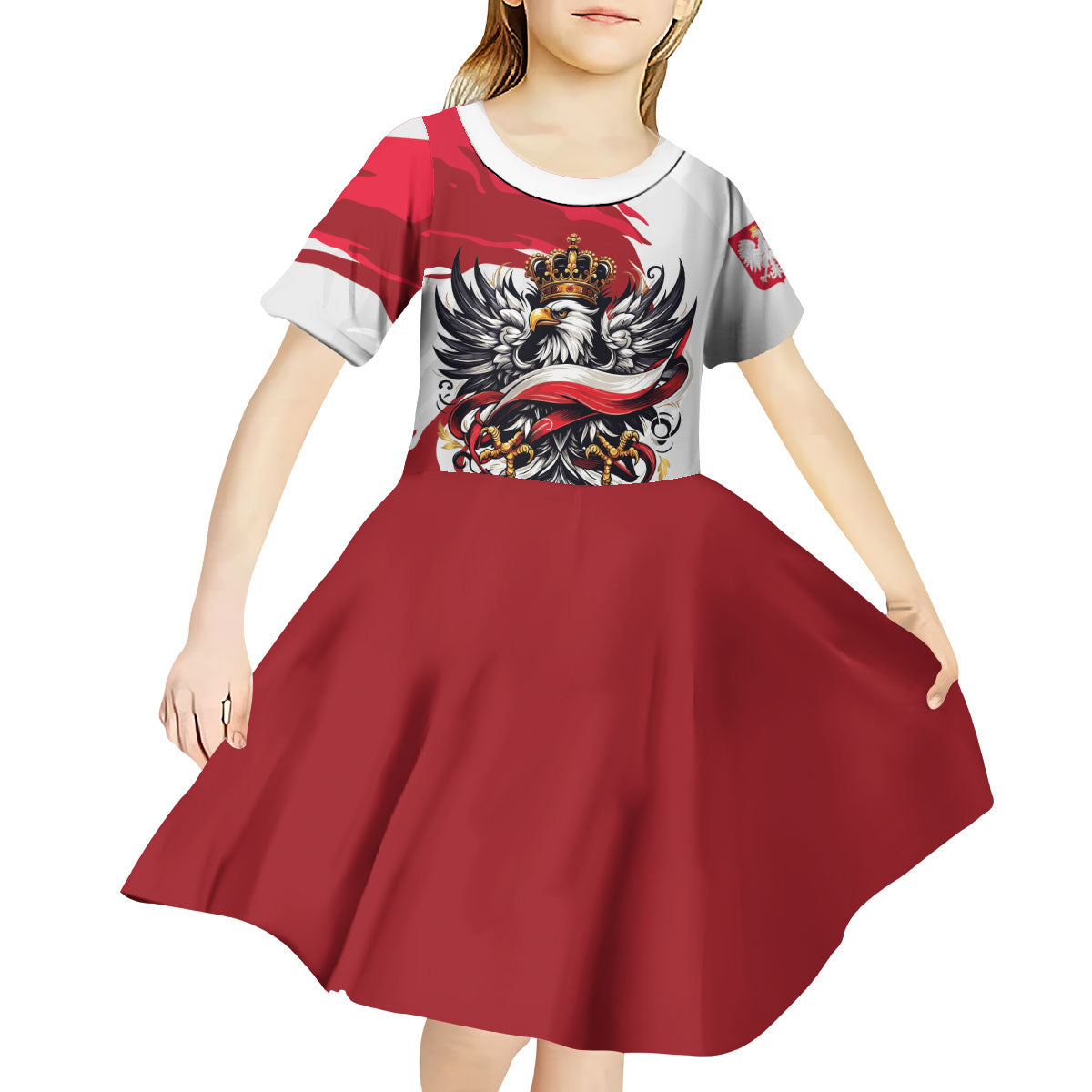Poland National Flag Day Kid Short Sleeve Dress Fierce Polish Eagle Crown