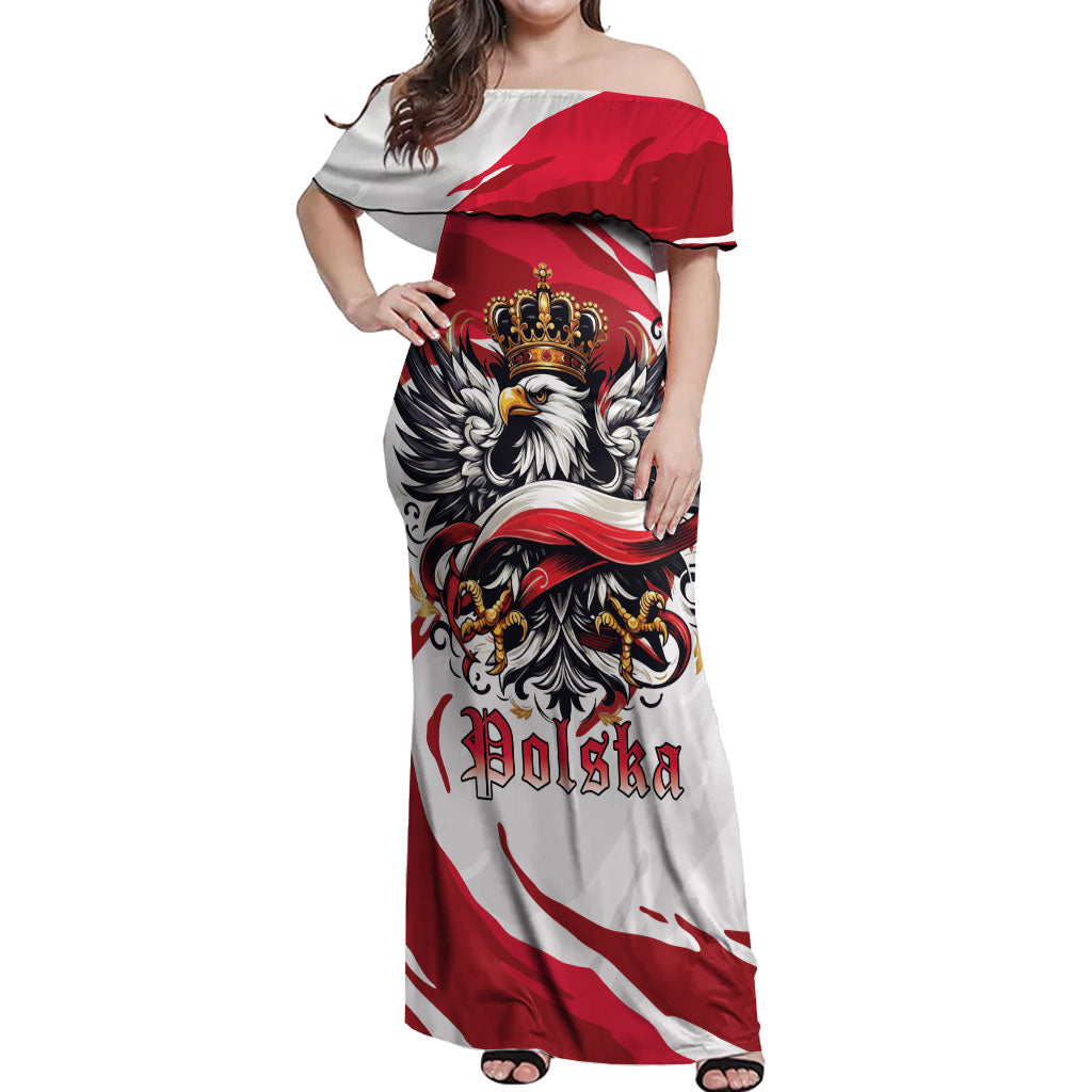 Poland National Flag Day Off Shoulder Maxi Dress Fierce Polish Eagle Crown